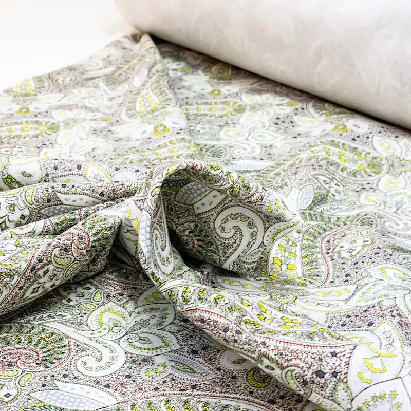 elastischer Feinköper, weiß, grau, gelb, rot, Paisley-Muster Schneller Versand