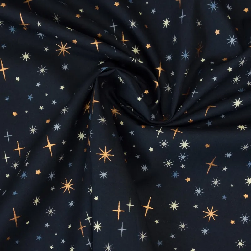 Baumwollstoff, Popeline, blautöne, offwhite, gold, grau, Glanzeffekt, Weihnachtsmotive Nur Für Kurze Zeit