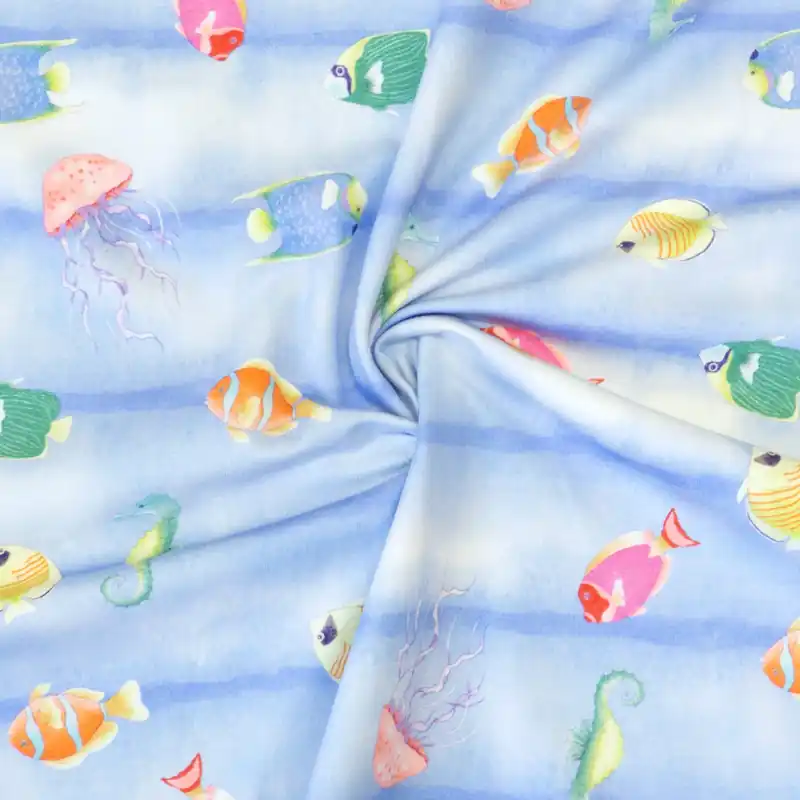 Billig Baumwolljersey, blautöne, orange, grün, hellgelb, maritim gemustert