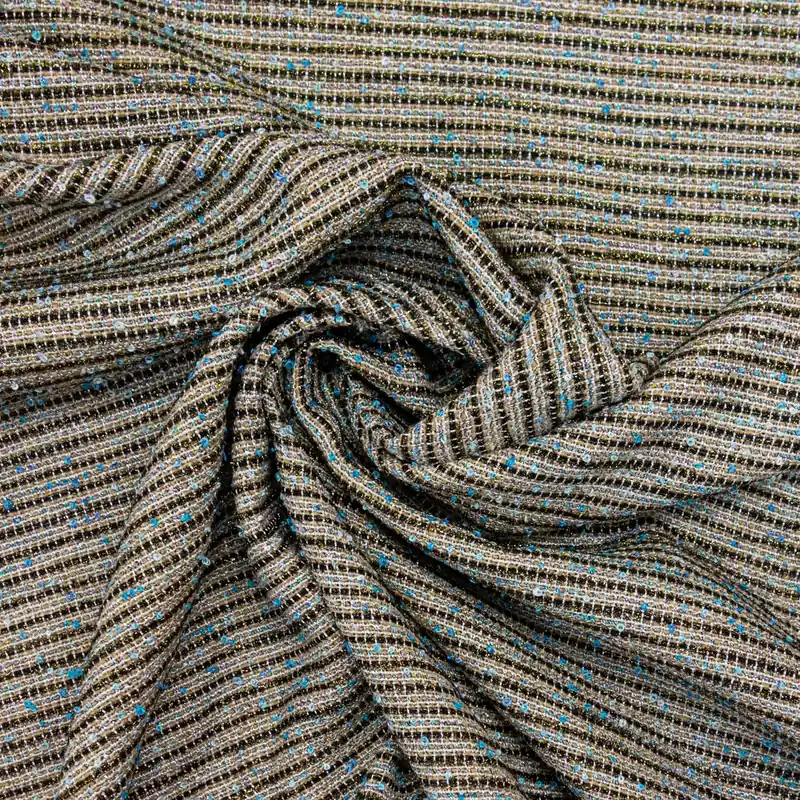 Handgefertigt Bouclé, Buntgewebe, beige, schwarz, hellblau, gold, Webstruktur