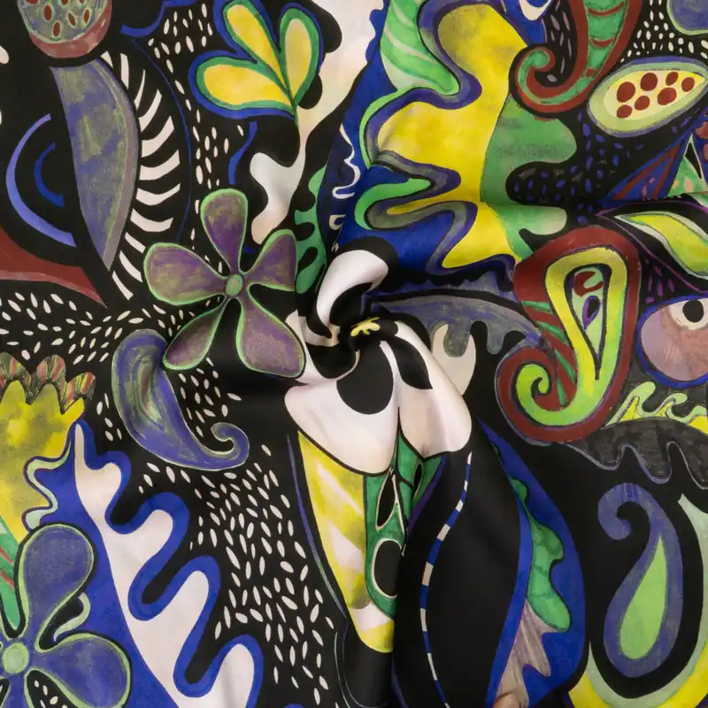 Solange Der Vorrat Reicht Viskosestoff, Satin, schwarz, gelb, blau, grün, abstrakt gemustert