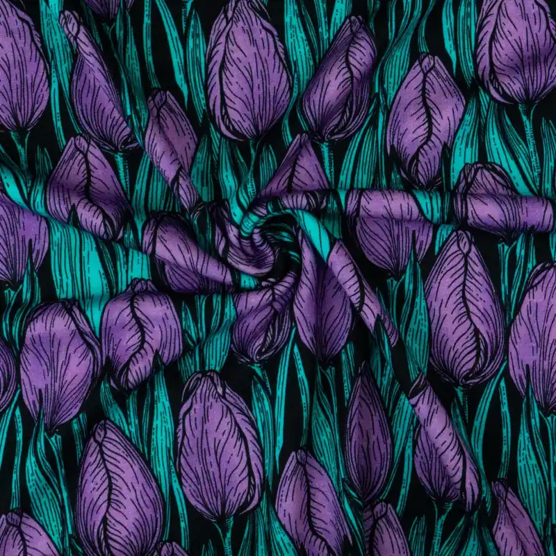 Punta di Roma, schwarz, türkis, flieder dunkel, florale Motive Geld-Zurück-Garantie