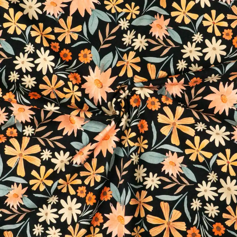 Sichere Zahlung Baumwolljersey, schwarz, orange hell, rotorange, graugrün, florale Motive