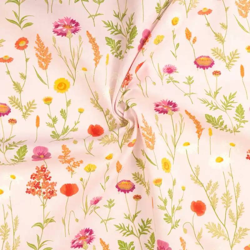 Baumwollstoff, Cretonne, rosa hell, grün, gelb, florale Motive Gratis Versand