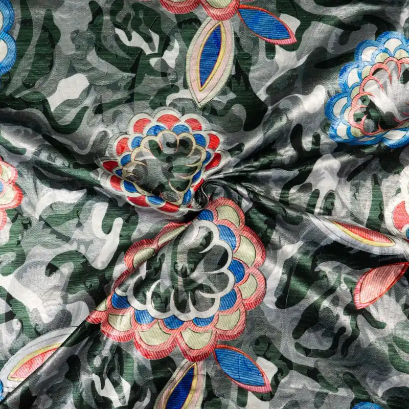 Jacquard, silber, dunkelgrün, rot, blau, Glanzeffekt, Webstruktur, florale Motive Solange Der Vorrat Reicht