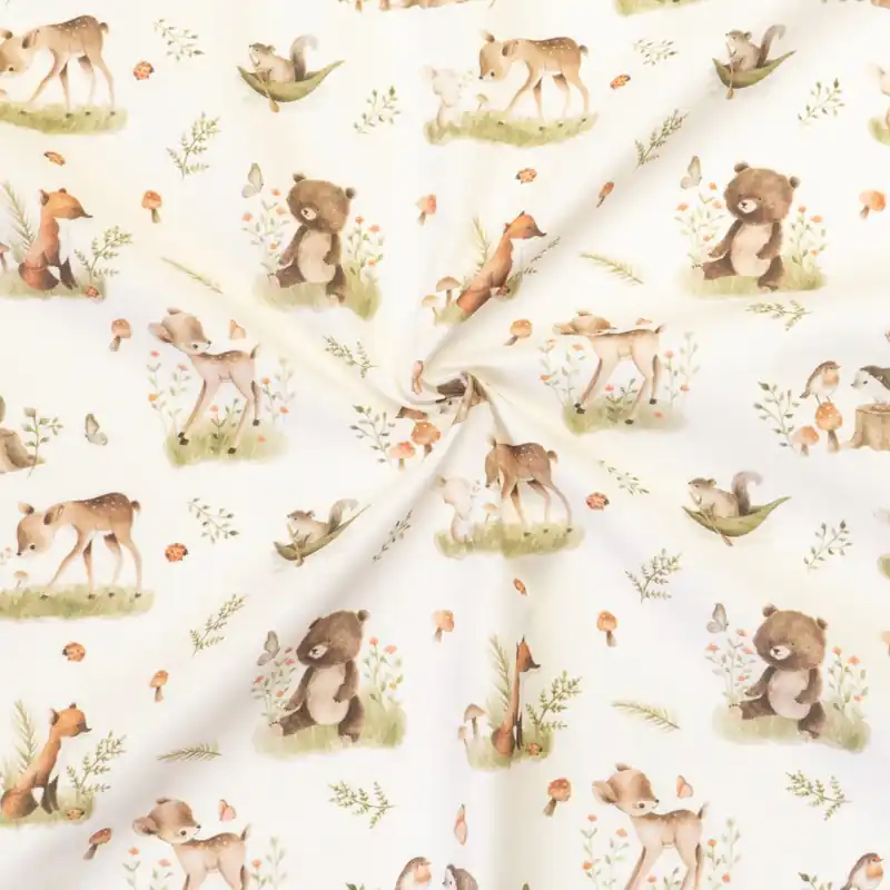 Baumwollstoff, Cretonne, creme, grüntöne, brauntöne, Kindermotive – Tiere Neue Ware