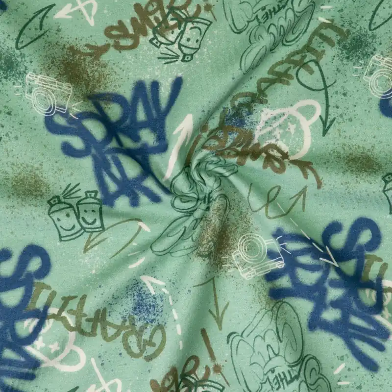 Direkt Vom Hersteller French Terry, mint, dunkelblau, braun, Kindermotive – gemustert