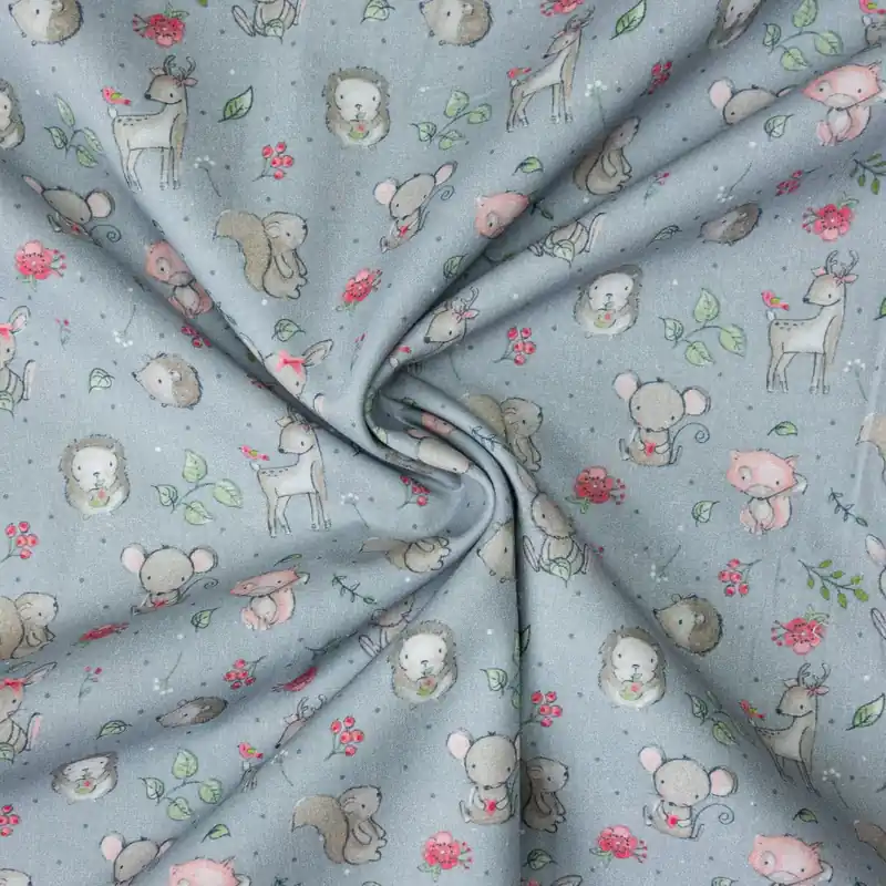 Im Trend Baumwollstoff, Popeline, hellgrau, rottöne, grüntöne, Kindermotive – Tiere