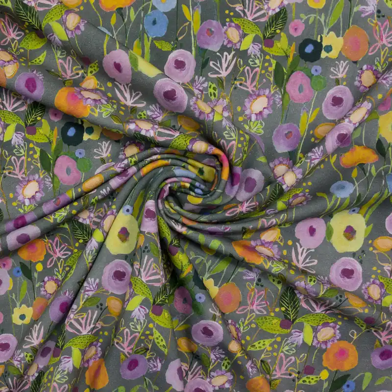 Jetzt Zugreifen French Terry, grau, lilatöne, grüntöne, gelb, florale Motive