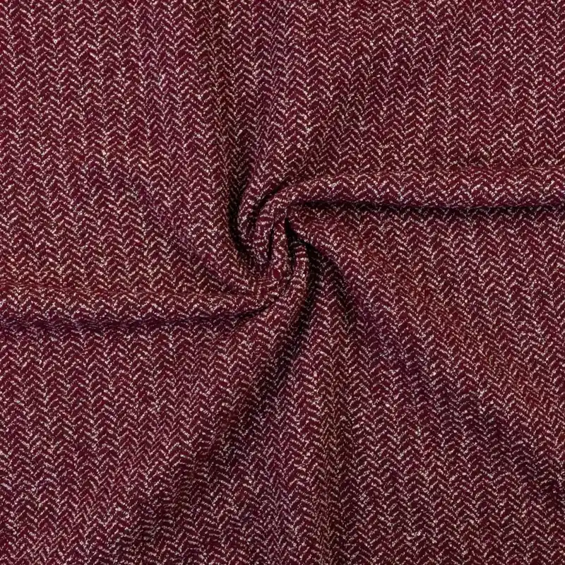 Wollstoff, Streichgarn, dunkelrot, weiß, schwarz, Bouclé-Struktur, Fischgrat Nur Heute