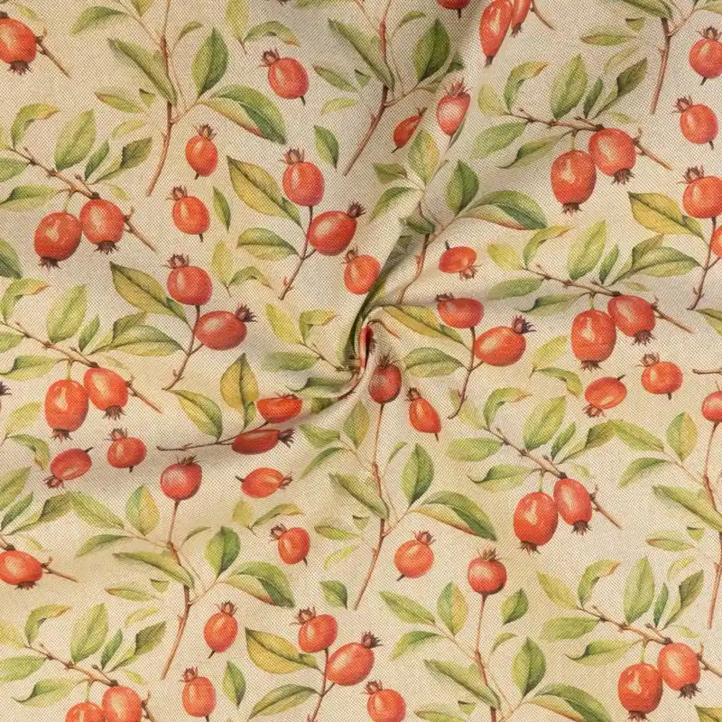 Dekostoff, Panama, beigegrau, grün, rot, Früchte, florale Motive Mega-Angebot