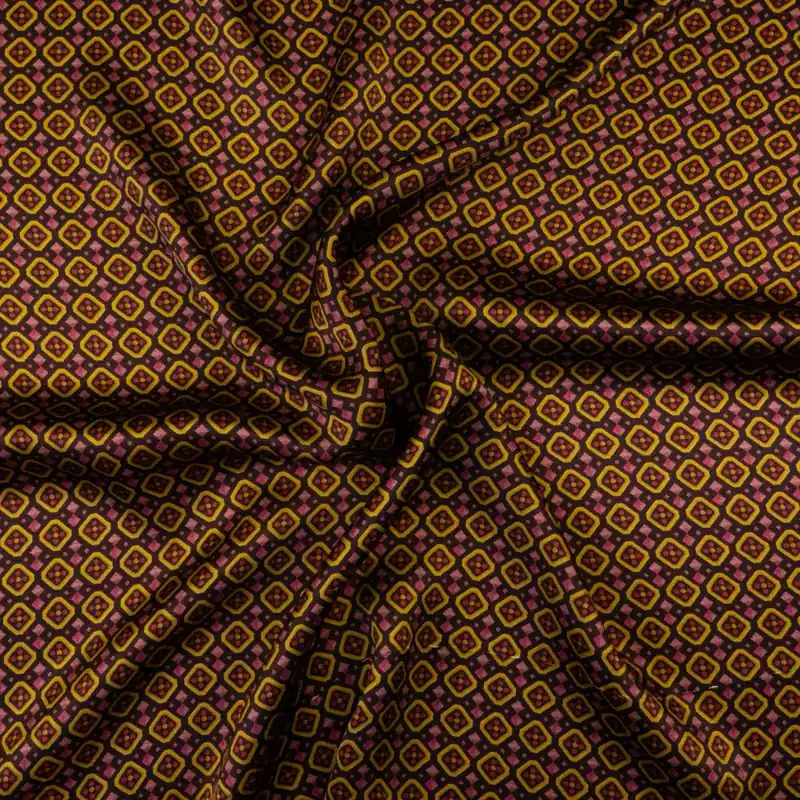 Finale Aktion Seidenstoff, Satin, curry, beere, lila dunkel, grafisch gemustert