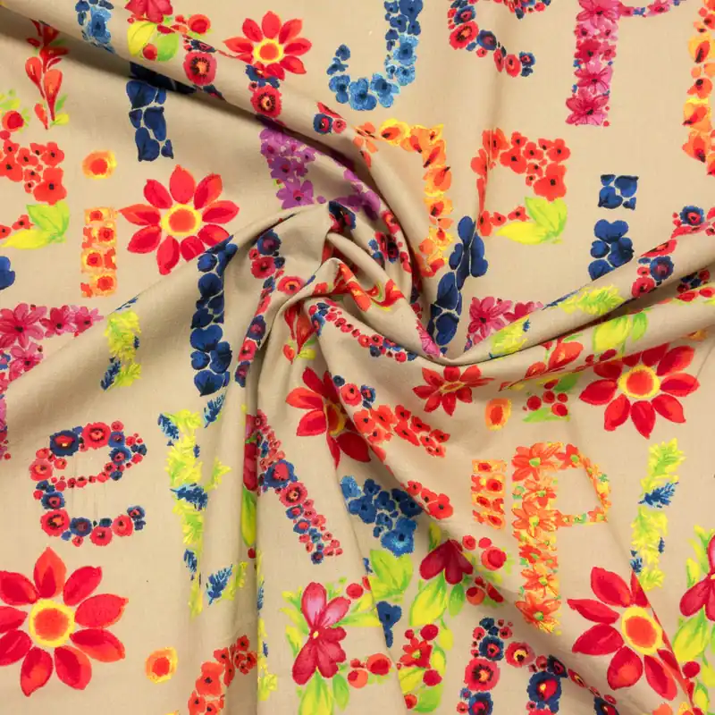 Finale Aktion Baumwollstoff, Popeline, beige, orange, rosa, rot, Kindermotive – grafisch gemustert