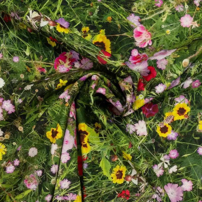 Markenware Dekostoff, Panama, grüntöne, gelb, rosa, florale Motive