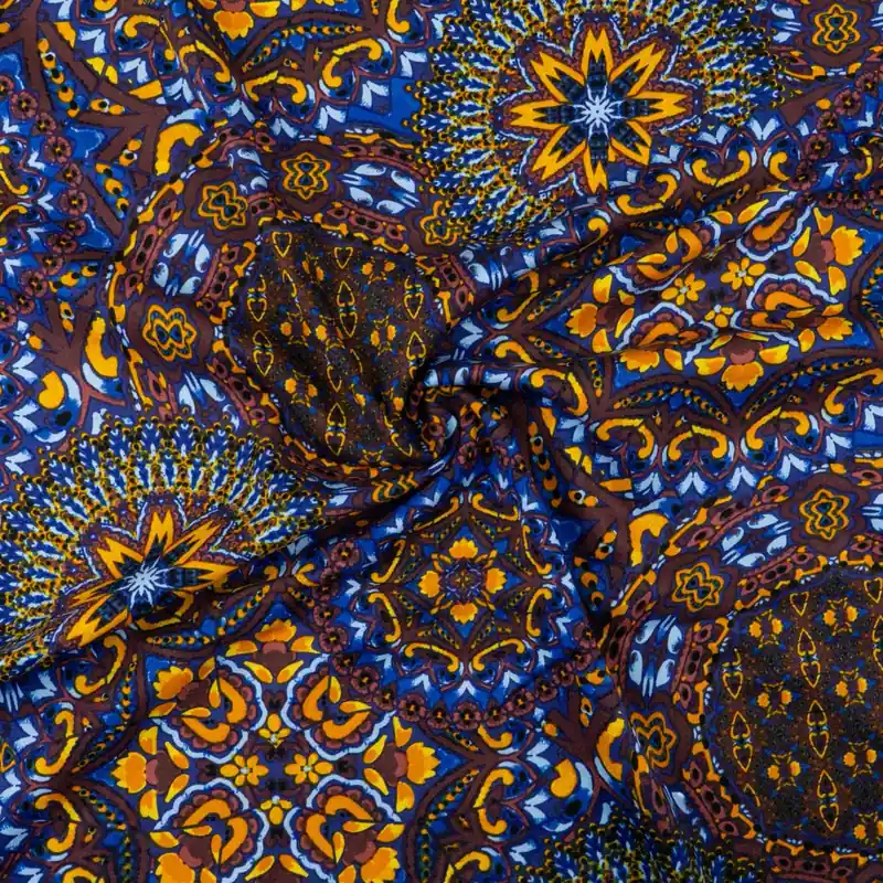 Viskosestoff, Twill, schwarz, rotbraun, blautöne, orange, ornamental gemustert Sofort Bestellen