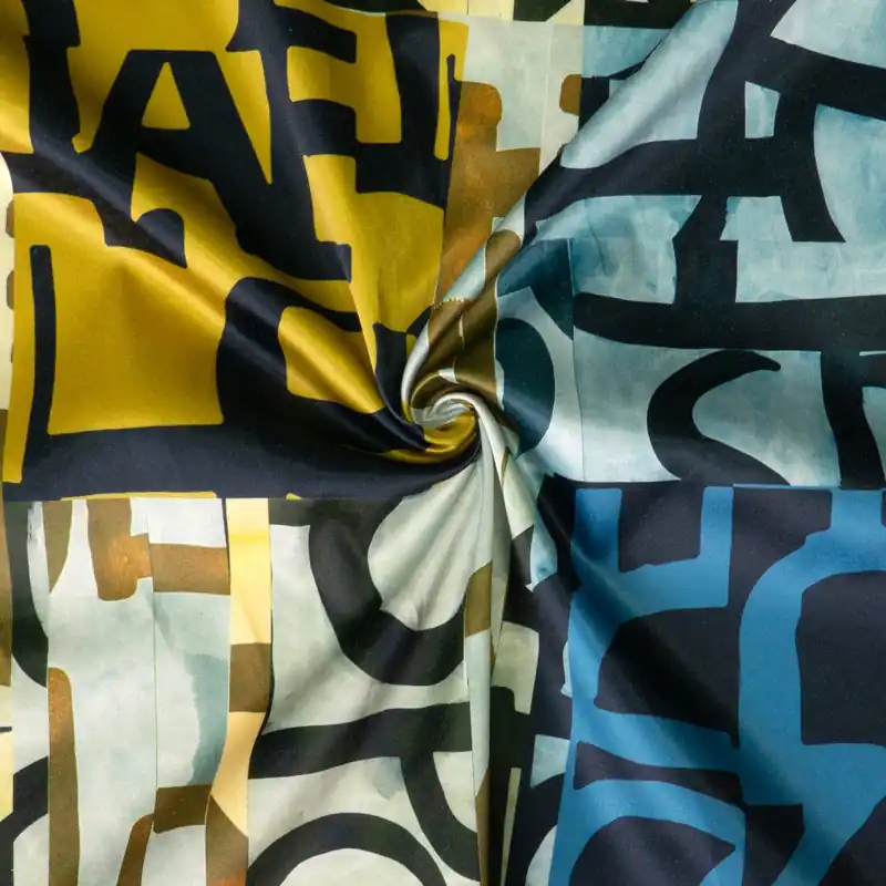 elastischer Satin, blautöne, gelbtöne, grafisch gemustert Heute Kaufen