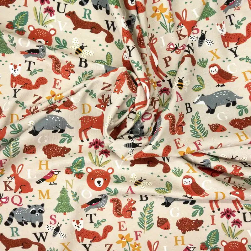 Im Trend Baumwolljersey, brauntöne, curry, grüntöne, Kindermotive – Tiere