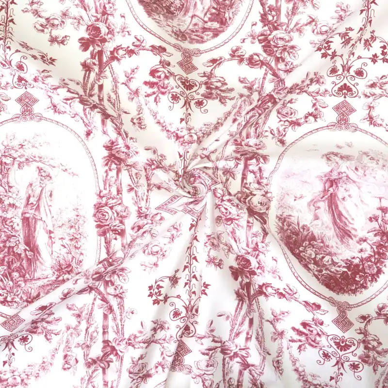 Jetzt Kaufen Baumwollstoff, Popeline, offwhite, dunkelrot, figürliche Motive, floral gemustert