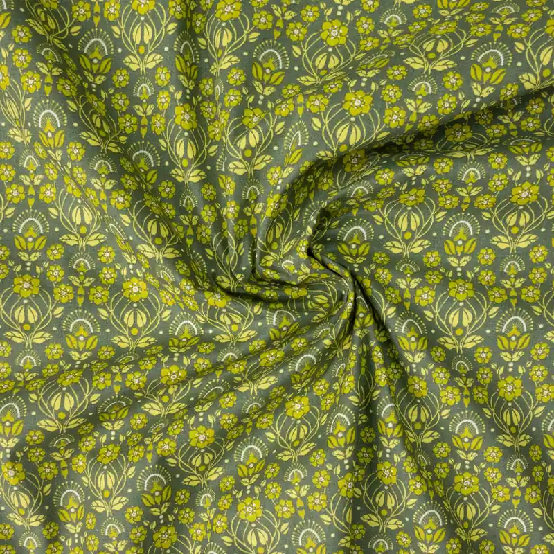 Billig Baumwollstoff, Cretonne, grüntöne, weiß, gelbtöne, florale Motive