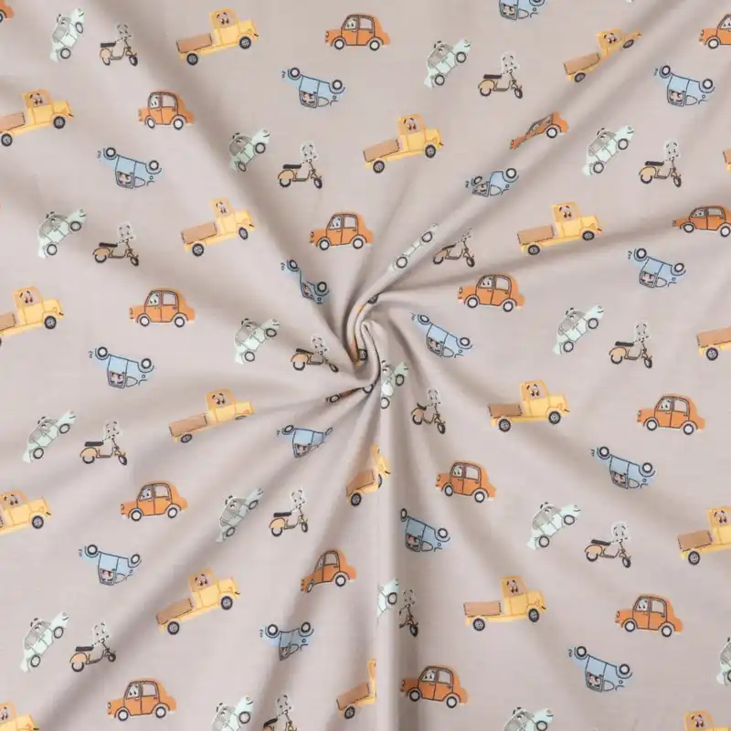 Baumwolljersey, hellgrau, apricot, pastellgelb, hellblau, Kindermotive – Fahrzeuge Direktkauf
