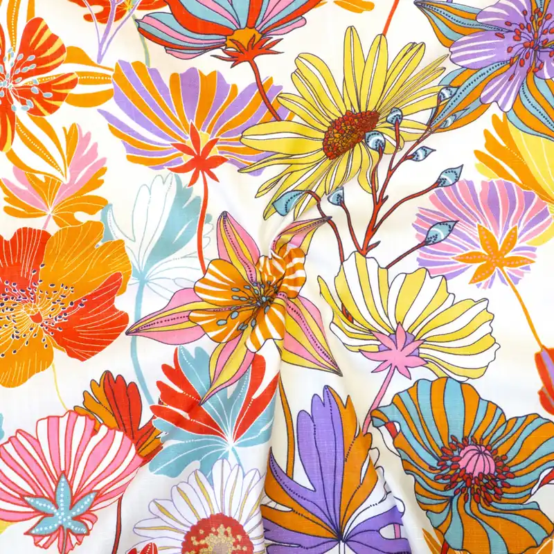 Mengenrabatt Dekostoff, Panama, offwhite, orange, flieder, rosa, florale Motive