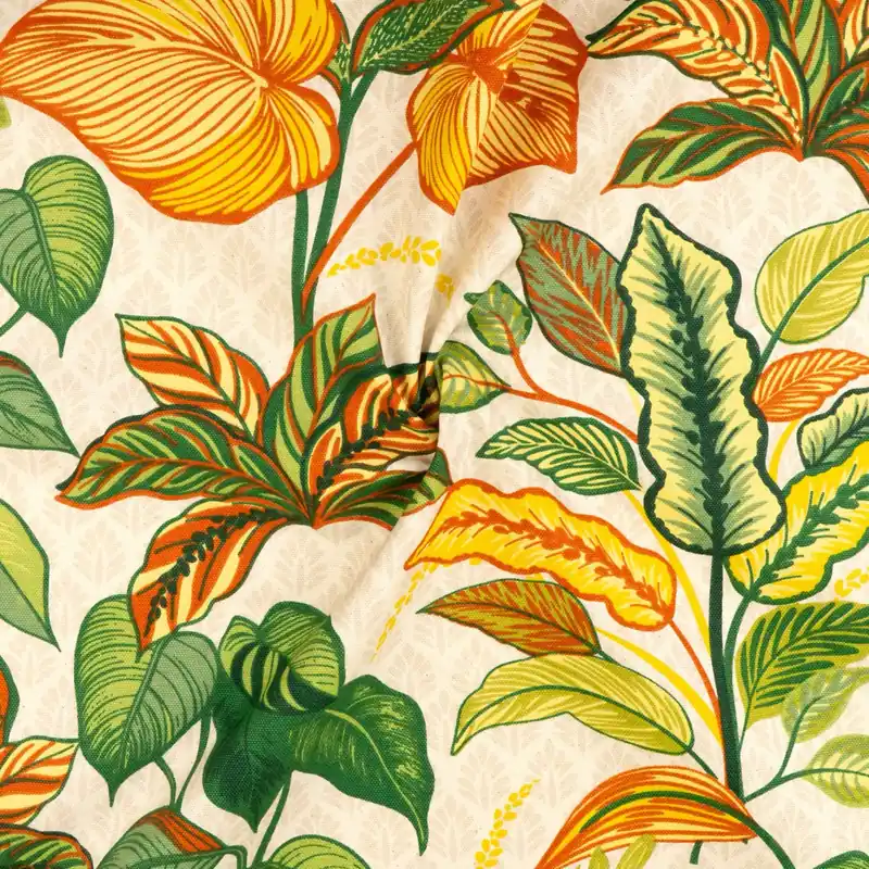 Neu Im Sortiment Dekostoff, Panama, beigegrau, hellgelb, grüntöne, orange, florale Motive