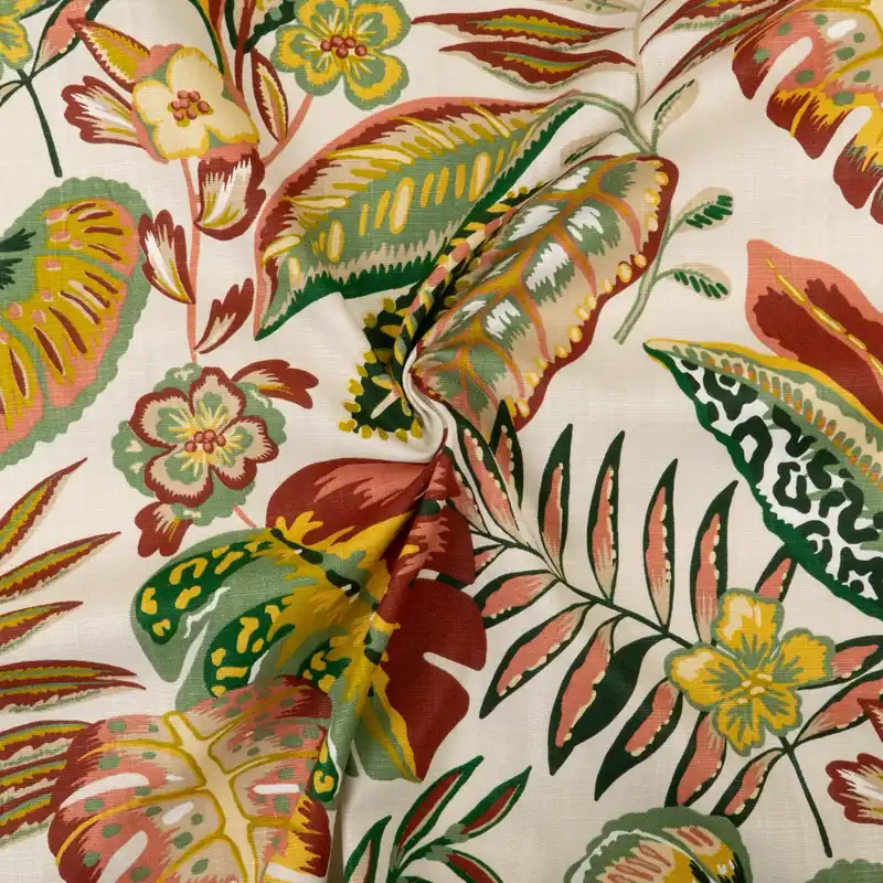 Dekostoff, Panama, creme, grüntöne, curry, rosa dunkel, florale Motive Markenware
