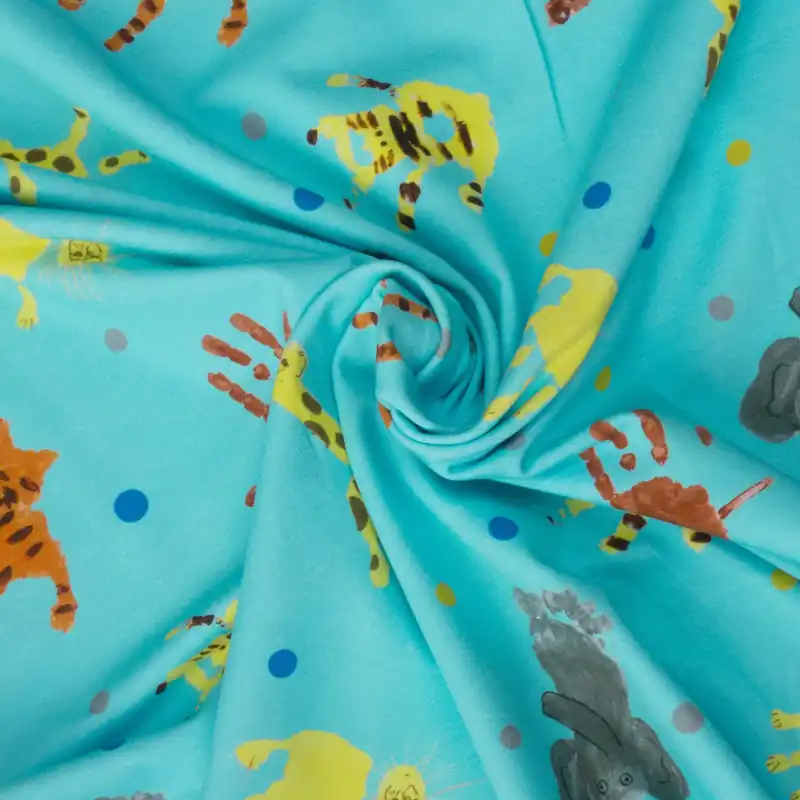 Top-Angebot Baumwolljersey, braun, gelb, hellblau, Kindermotive – Tiere