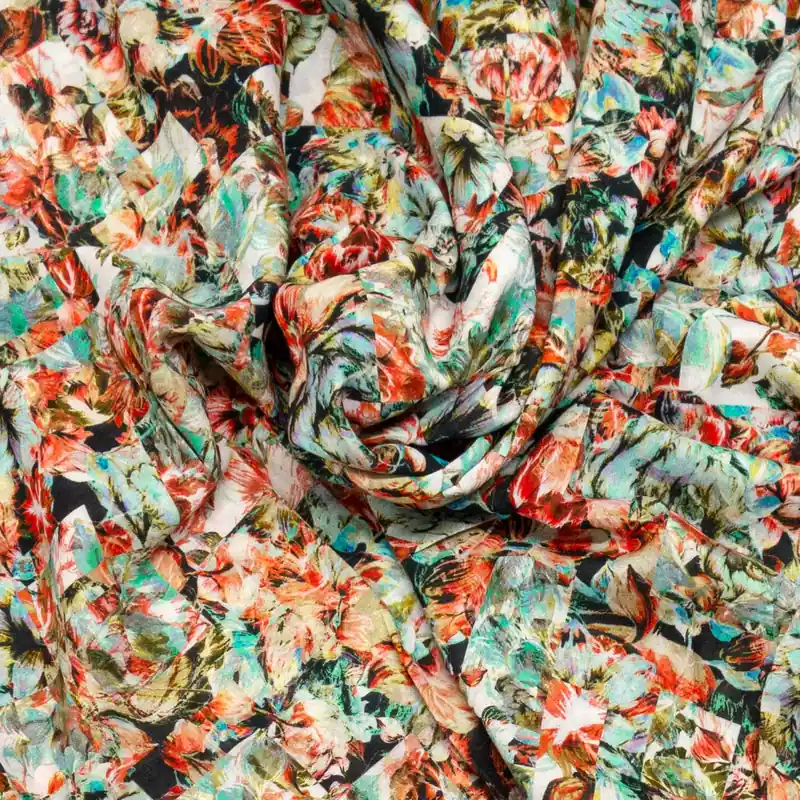 Leichter Baumwollstoff, Batist, türkistöne, orangetöne, schwarz, abstrakt gemustert Bestseller