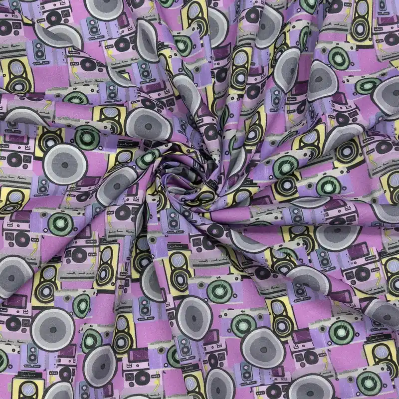 Neu Leichter Baumwollstoff, Batist, lila, grün, gelb, grafisch gemustert