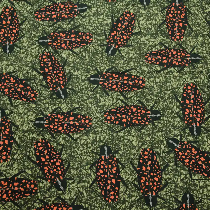 Top-Qualität Leichter Baumwollstoff, Batist, grüntöne, schwarz, rotorange, Insekten