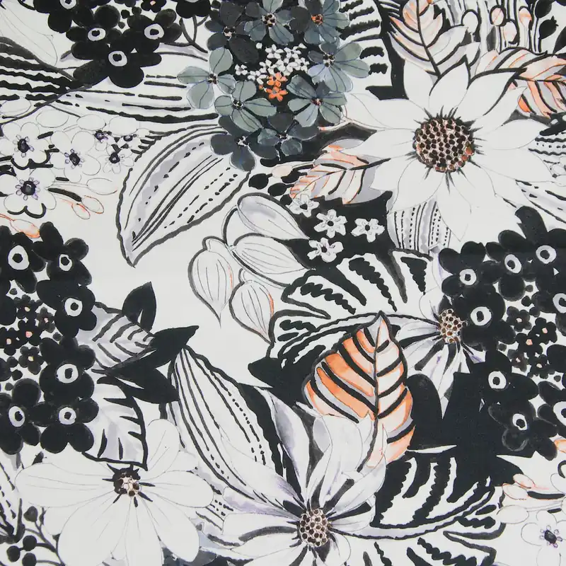 Baumwollstoff, Satin, offwhite, anthrazit, orange, flieder, florale Motive Original
