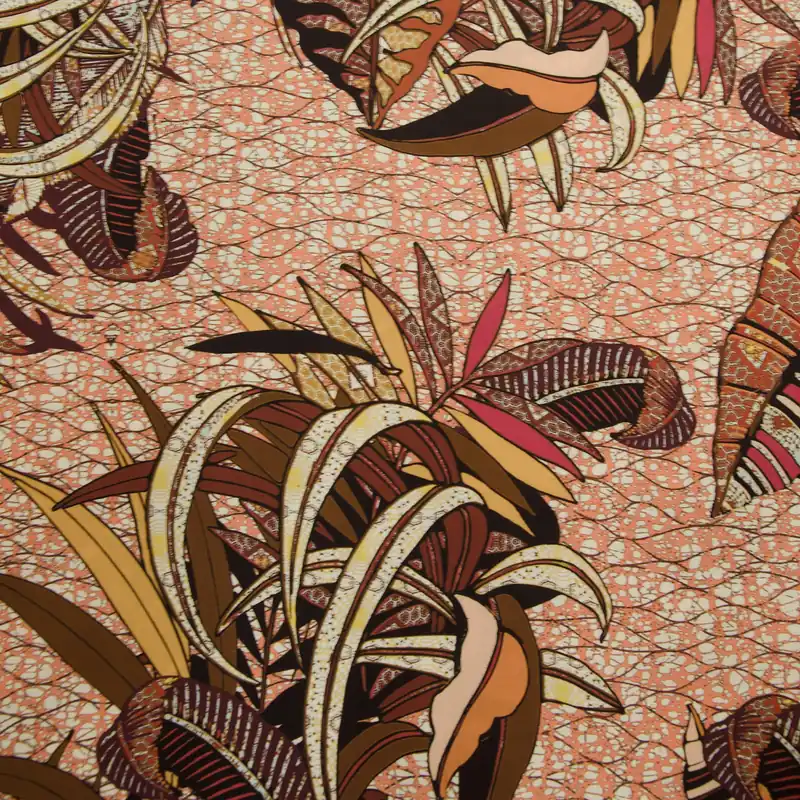 Viskosestoff, Javanaise, brauntöne, aubergine, florale Motive Zertifiziert