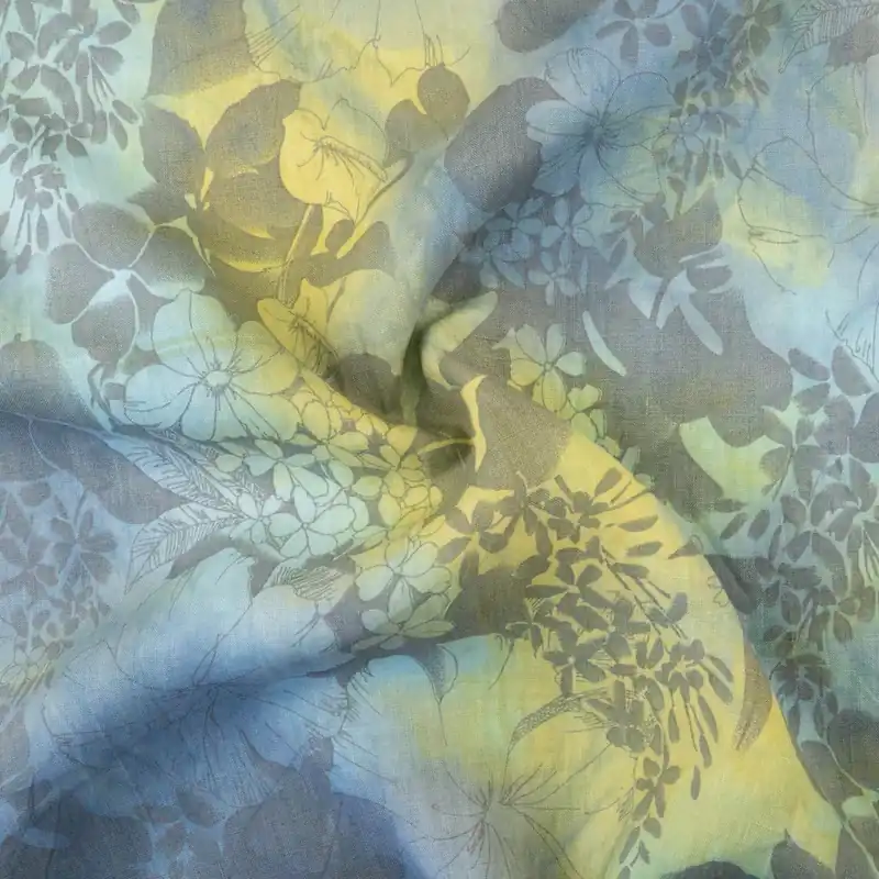 Jetzt Zugreifen Leinenstoff, grau, hellblau, gelb, florale Motive