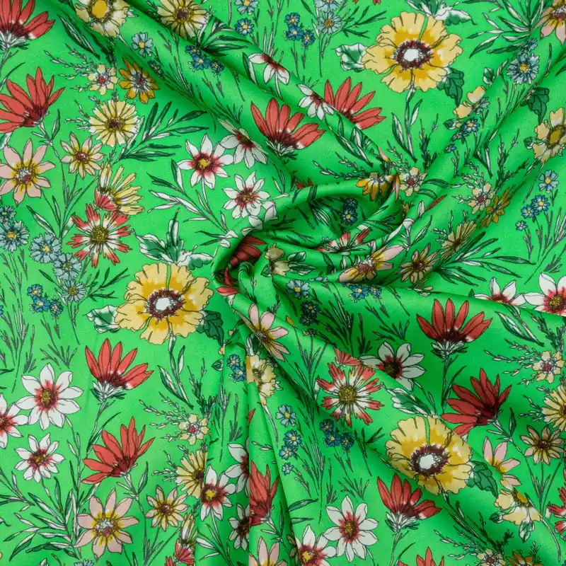 Kracherpreis Baumwollstoff, Satin, hellgrün, gelb, weiß, rot, Milles Fleures