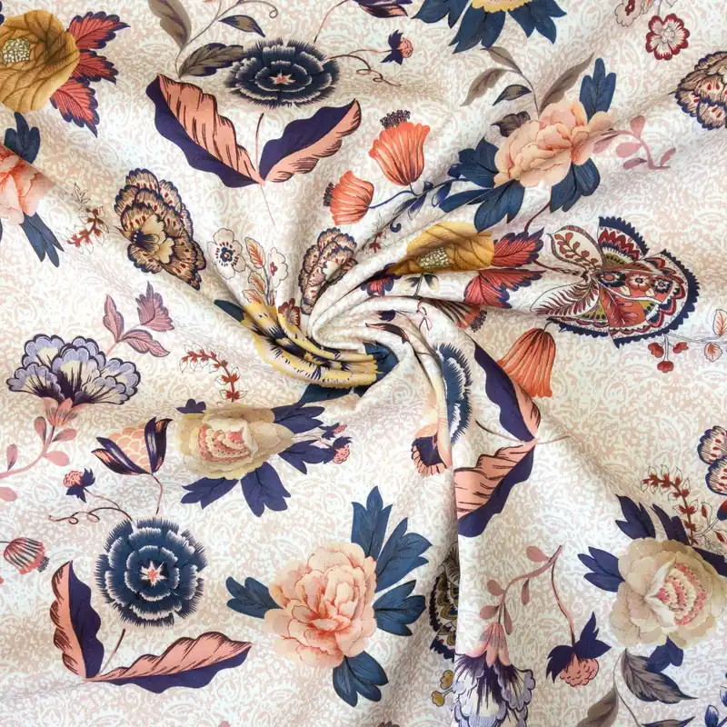 Letzte Chance Baumwollstoff, Satin, rosé, creme, blau, curry, florale Motive