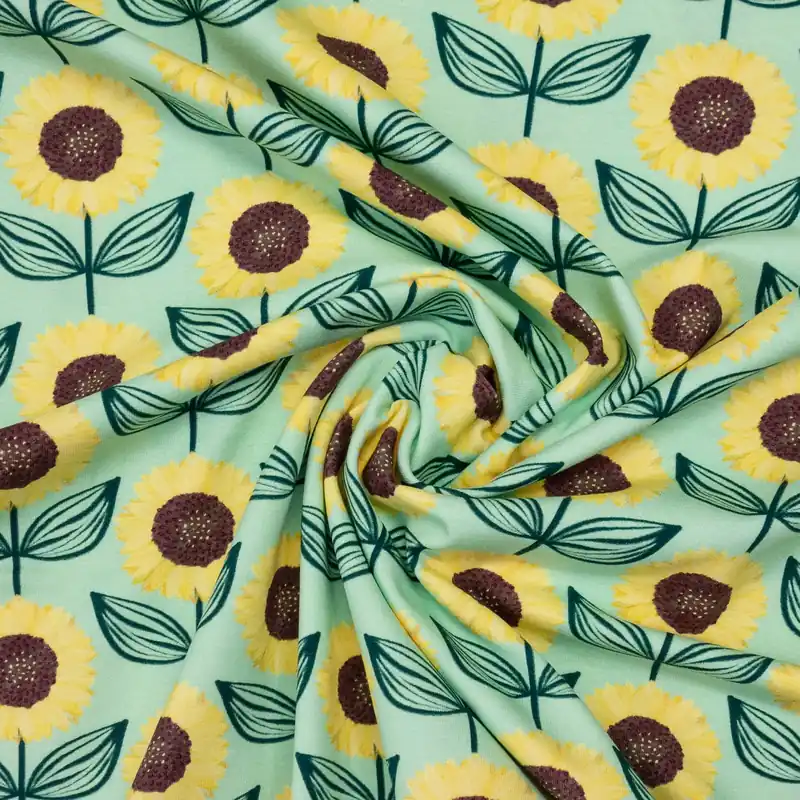 Weltweiter Versand Baumwolljersey, grüntöne, gelb, braun, Kindermotive – grafisch gemustert