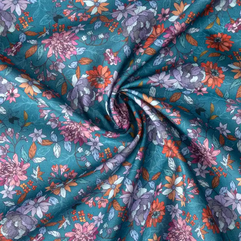 Baumwollstoff, Cretonne, türkis dunkel, rottöne, blautöne, rosa, Milles Fleures Großhandel
