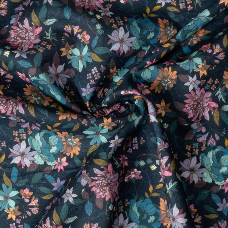Premium Baumwollstoff, Cretonne, petrol dunkel, blautöne, rottöne, rosa, Milles Fleures