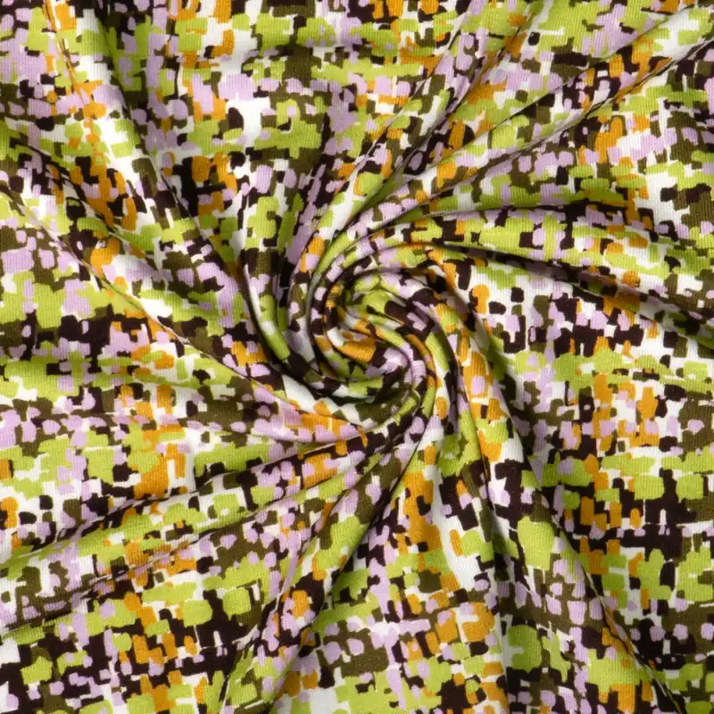 Neu Viskosejersey, dunkelbraun, grün, rosa, curry, grafisch gemustert