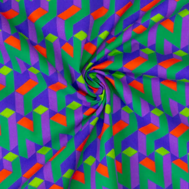 Leichter Baumwollstoff, Batist, lila, rot, grün, grafisch gemustert Billig