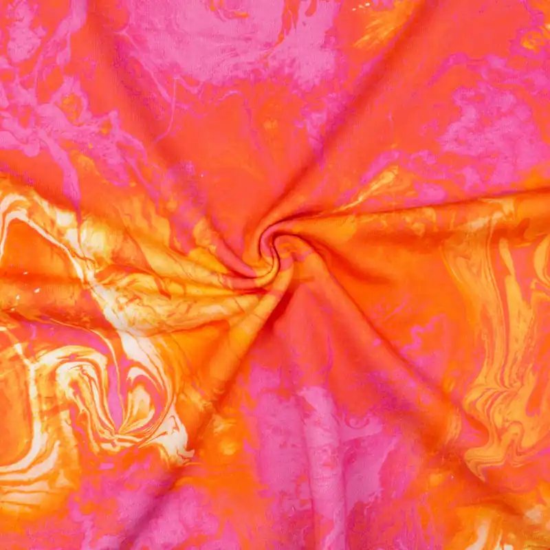 French Terry, orange, rot, gelb, abstrakt gemustert Sofort Bestellen