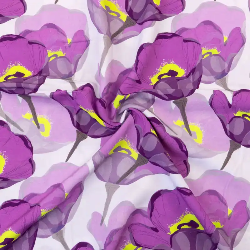 Viskosestoff, Javanaise, lilatöne, gelb, florale Motive Highlight