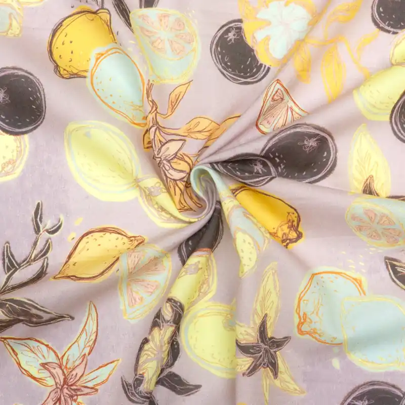 Sichere Zahlung Leichter Baumwollstoff, Batist, altrosa, pastellgelb, orange, Früchte