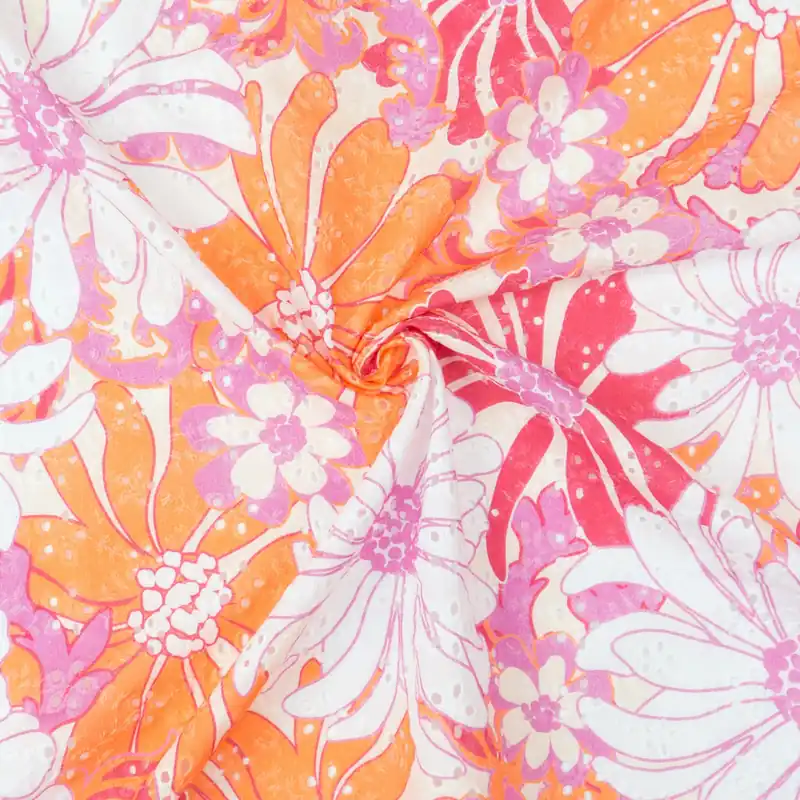 Schnäppchen Baumwollstoff, Popeline, weiß, orange, pink, Lochstickerei