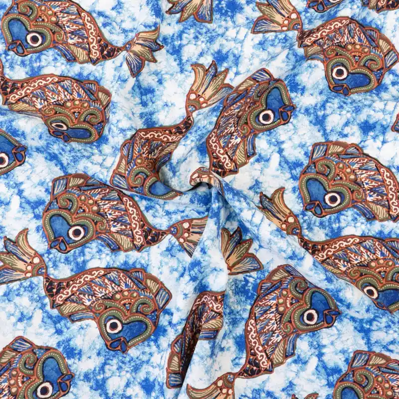 Viskosestoff, Javanaise, blau, weiß, beige, braun, Tiermotive Ab Werk
