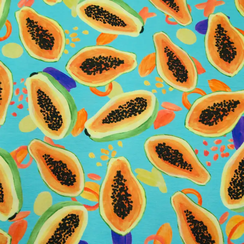 Viskosejersey, orange, türkis, blau, Früchte Jetzt Bestellen