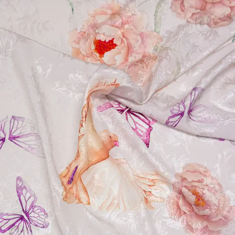 Leichter Viskosestoff, Jacquard, offwhite, rosé, apricot, lila, Tiermotive, florale Motive Schnäppchen