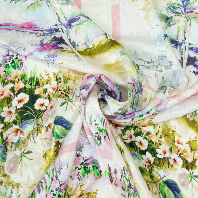 Leichter Viskosestoff, Jacquard, beerentöne, grüntöne, pastellgelb, florale Motive, Stadtansichten Großhandel