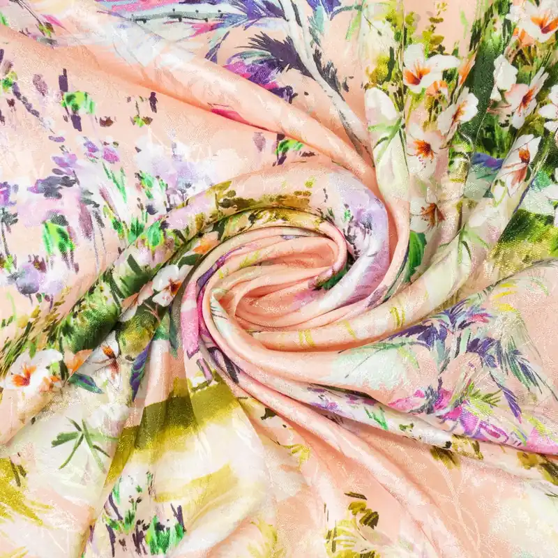 Leichter Viskosestoff, Jacquard, pfirsich, pink, grün, florale Motive, Stadtansichten Nur Für Kurze Zeit